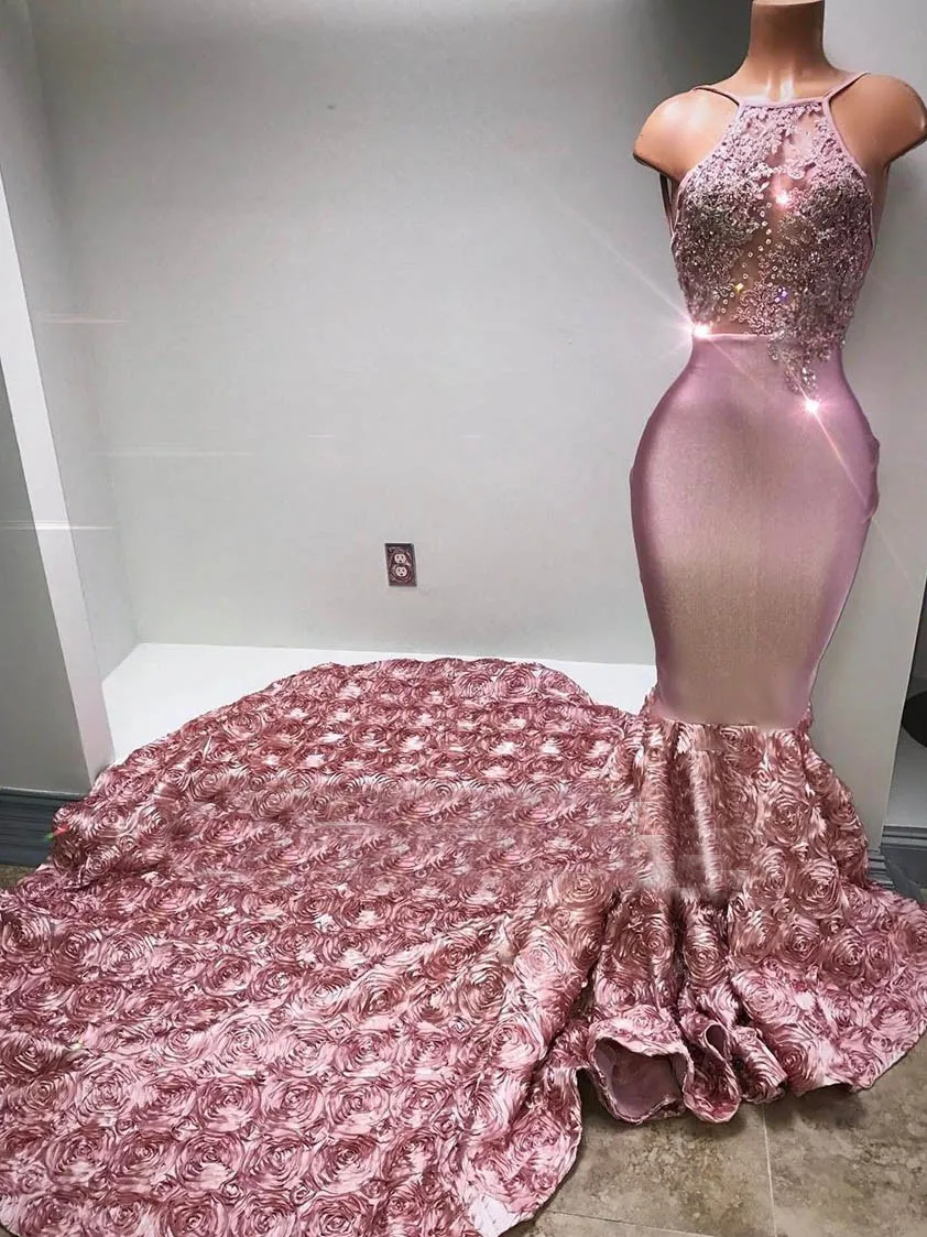 Luxury Plus Size Mermaid Prom Dresses 3D Rose Flowers Pink Pärlade långa formella klänningar Svart tjejkvällspartyklänningar