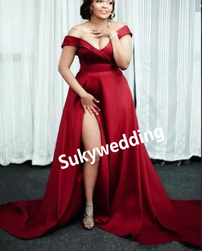 Sexiga mörkröda balklänningar från axeln Satin Split Side Plus Size Formell klänningar Evening Wear Custom Made Pregnant Cocktail P217i