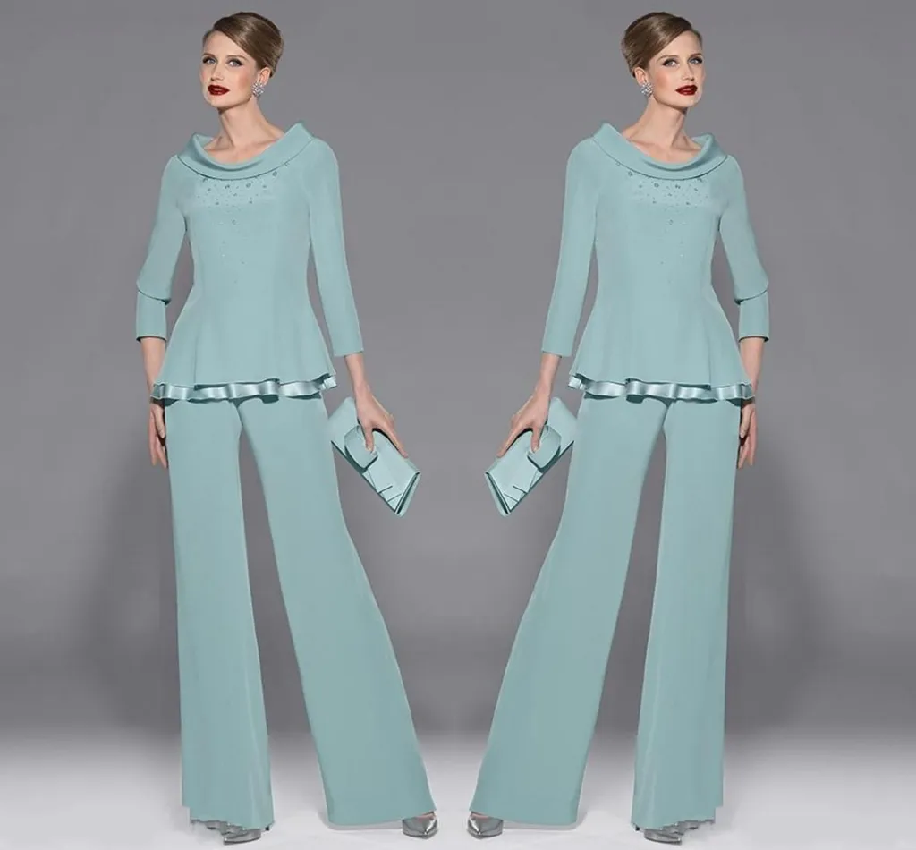 Graceful Mint Green Chiffon Mothers Pants Suit Mother's Dresses Jewel Neckline Long Sleeve With Beads And Sequins Two Pieces For Wedding Party Guest Dresses
