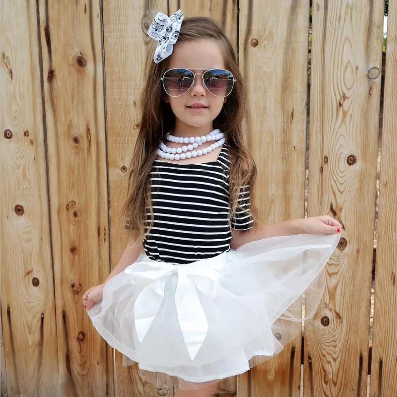 2018 Baby Girls Striped Off-the-Shoulder Klänning Ribbon Bowknot Lacee Tutu Klänning Söt Tjej Mode Braces Kjolar Gratis frakt