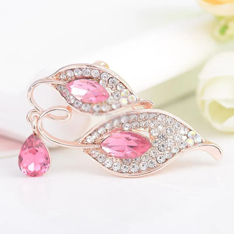 Luxurious Leaf Shape Crystal Rhinestone Metal Brooches Rose Gold Plated Brooch Pins Wedding Bridal Fashion Jewelry