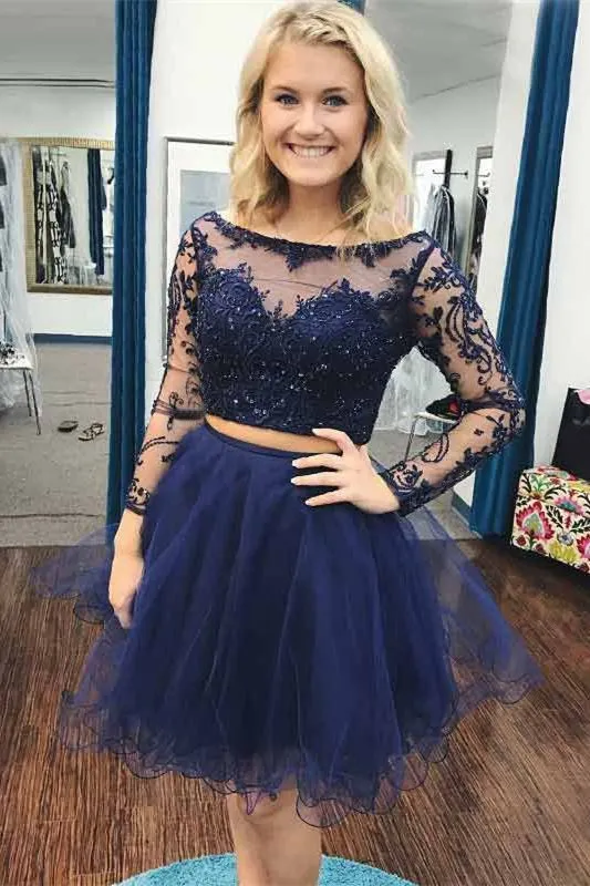 Short Navy Blue Two Pieces Prom dresses Cheap Jewel Illusion Long Sleeves Tulle A line Beaded Sequins Ruched Homecoming Party Formal Dress