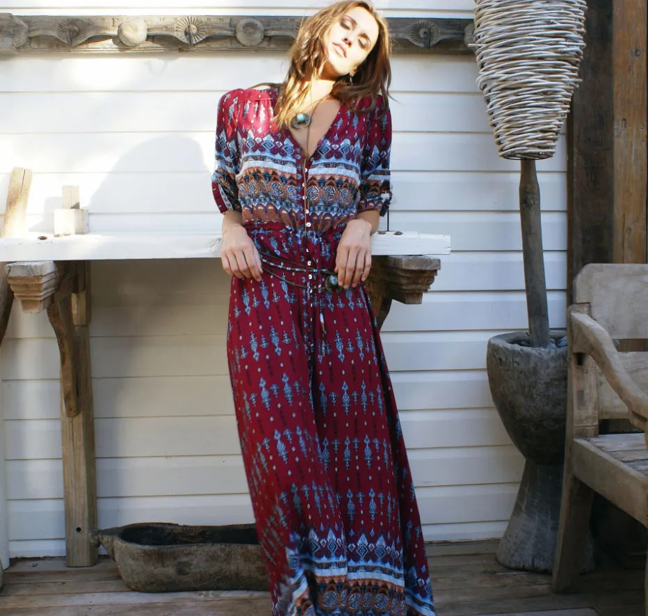Fjnbbiot Abito kimono bohémien con stampa floreale manica a pipistrello