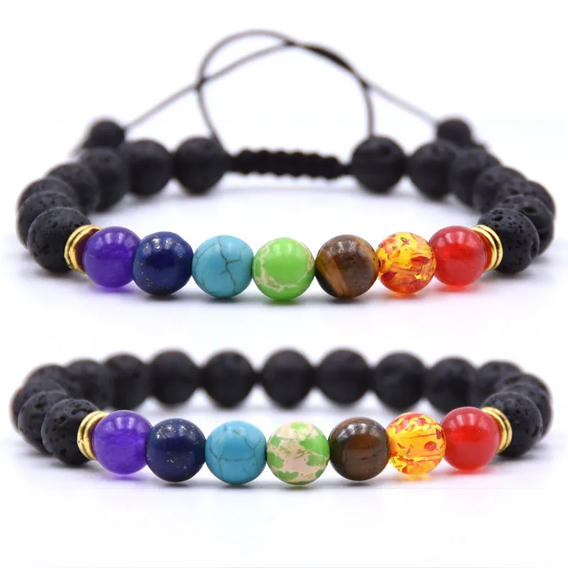 Morbuy Bracciale Yoga Reiki In Pietra Lavica E Agata Nera 8mm - Bracciale 7 Chakra Regolabile Unisex, Gioiello Energetico Con Perline Di Lava