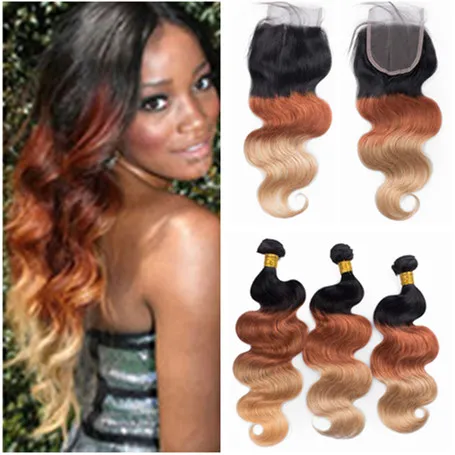 Body Wave #1B/33/27 Honey Blonde Ombre Virgin Hair Weaves with 4x4 Lace Closure Three Tone Colored Brazilian Human Hair Bundles