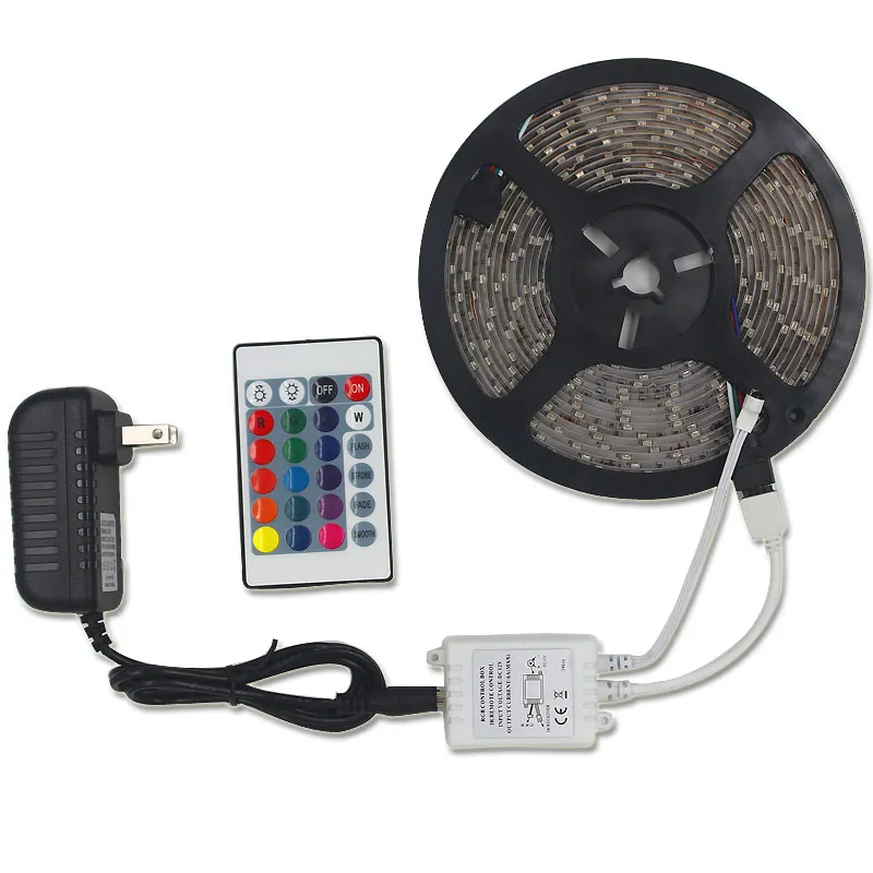 DHL SMD 3528 5M 300LED RGB LED-band Ljus Vattentät Utomhusbelysning Multicolor Tape Ribbon 24KEYS DC12V Adapter Set