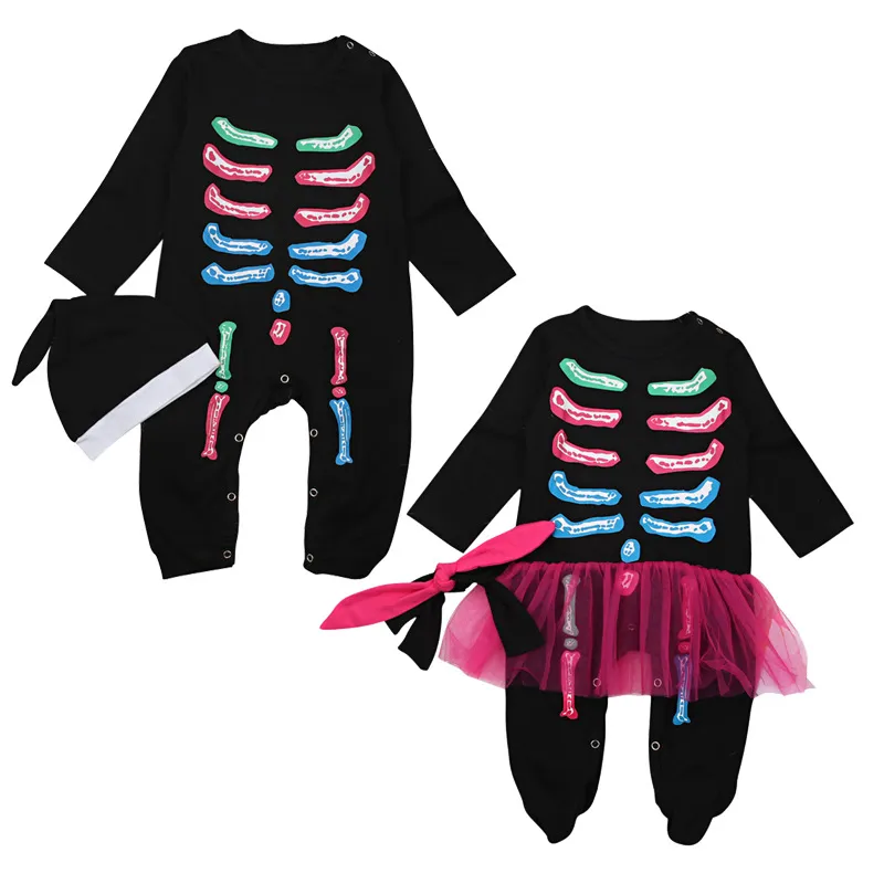 2018 Infant Halloween Rompers Set Bebés Meninos Meninas ossos preto Macacões + Headband / Caps 2 pcs Outfits INS Kids Clothing Z11