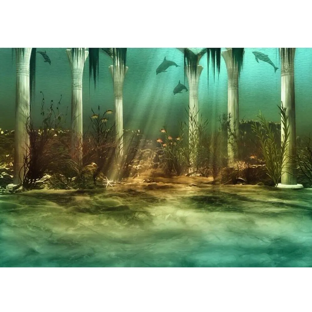 Under Sea World Photography Backdrop Tryckta pelare Dolphin Sunshine Through Deep Ocean Kids Party Photo Booth Background