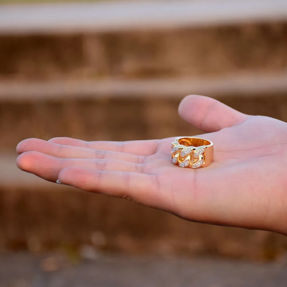 Guld Hip Hop Ringar All Iced Out Micro Pave Cubic Zircon 13mm Bredd Kubansk Ring för män