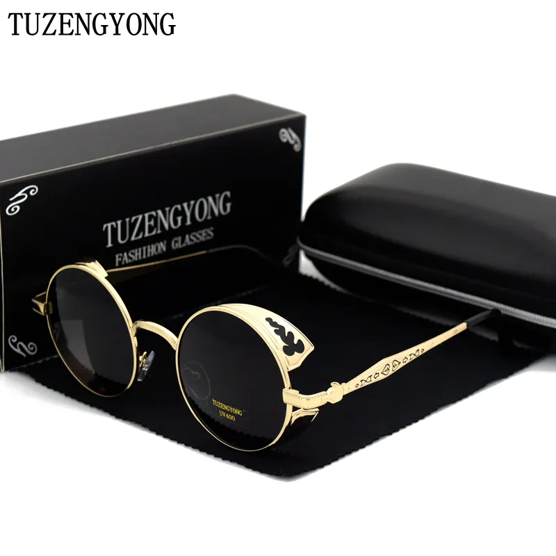 Tuzengyong جودة عالية أزياء الاستقطاب النظارات الشمسية الرجال / المرأة جولة نحت المعادن خمر نظارات الشمس القوطية steampunk الشمس