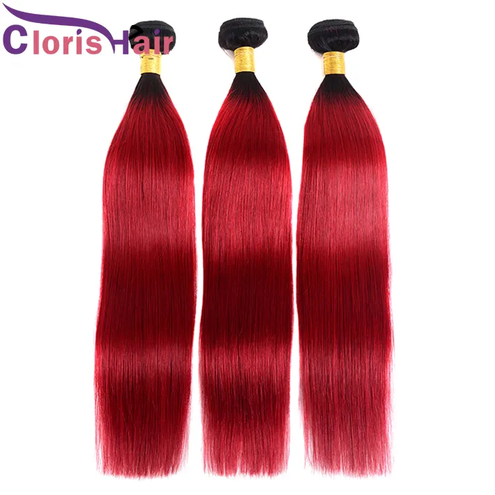 Cutícula Alinhado Vermelho OMBRE Brasileiro Extensões de Cabelo Virgem Reta Reta Cabelo Humano Bundles Raízes Escuras 1B Vermelho Brazillian Ombre Tece