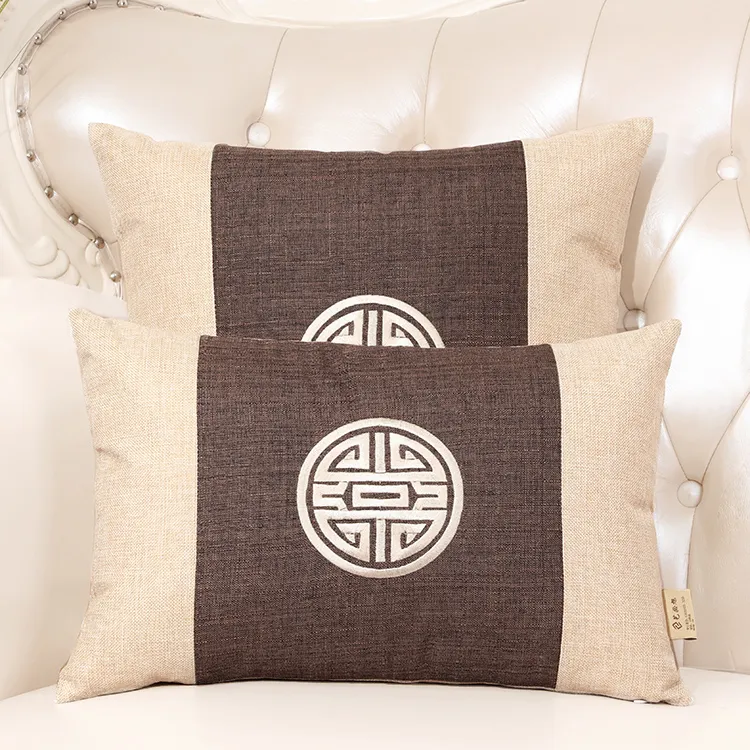 Chinese Embroidery Joyous Cushion Cover Vintage Linen Cotton Lumbar Pillow Covers Classic Decorative Pillow Case