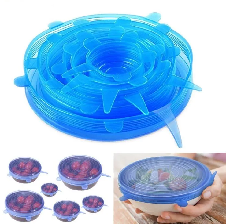 6PCS/Set Silicone Stretch Suction Pot Lids Food Grade Silicone Fresh Keeping Wrap Seal Lid Pan Cover 4 Color Nice Kitchen Accessories