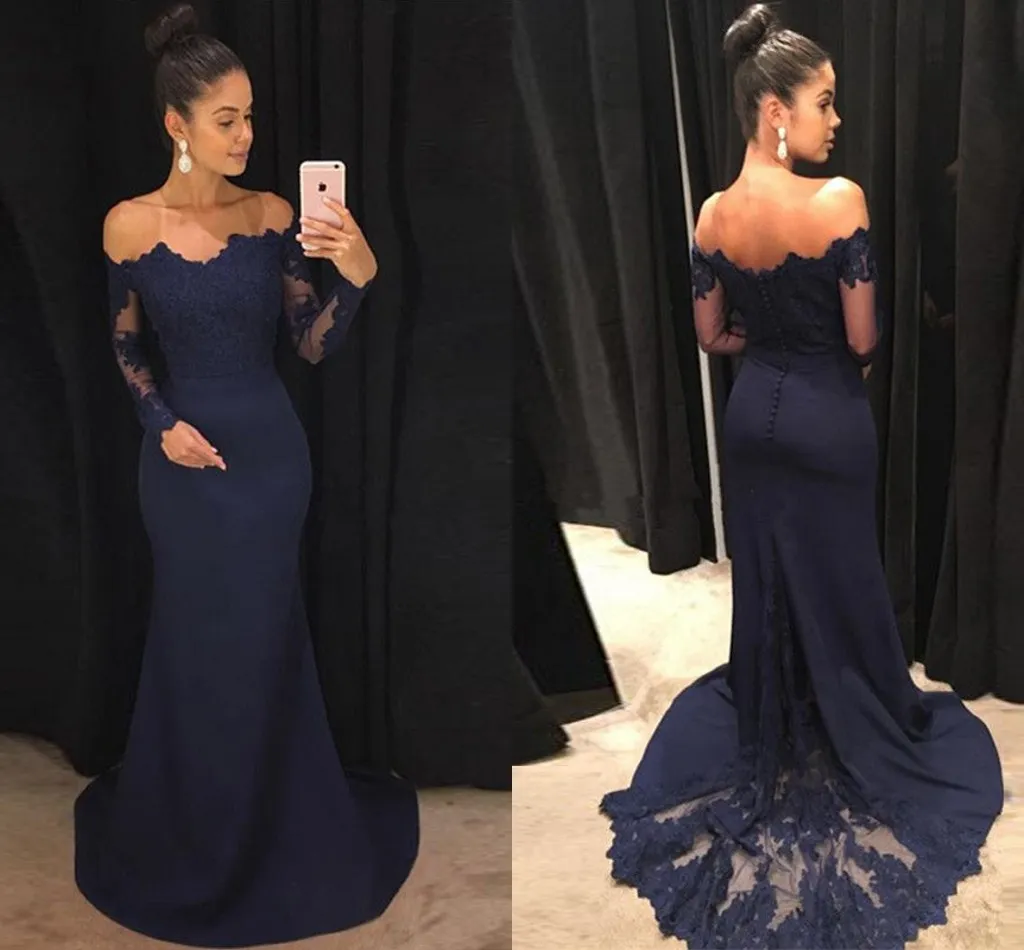 Modeste à manches longues robe de bal en dentelle pas cher 2021 sur l'épaule Illusion Designer sirène balayage train nouvelle soirée robe de soirée formelle robes