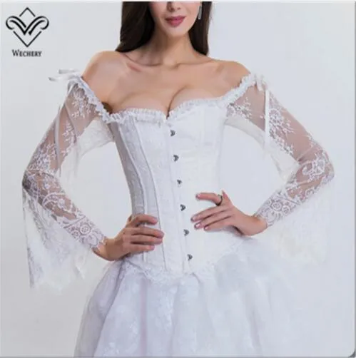 Wechery Steampunk Vintage Korse Gotik Korseler ve Bustiers Lace Up Uzun Kollu Kapalı Omuz Seksi Korse Corsage Corcepet Tops