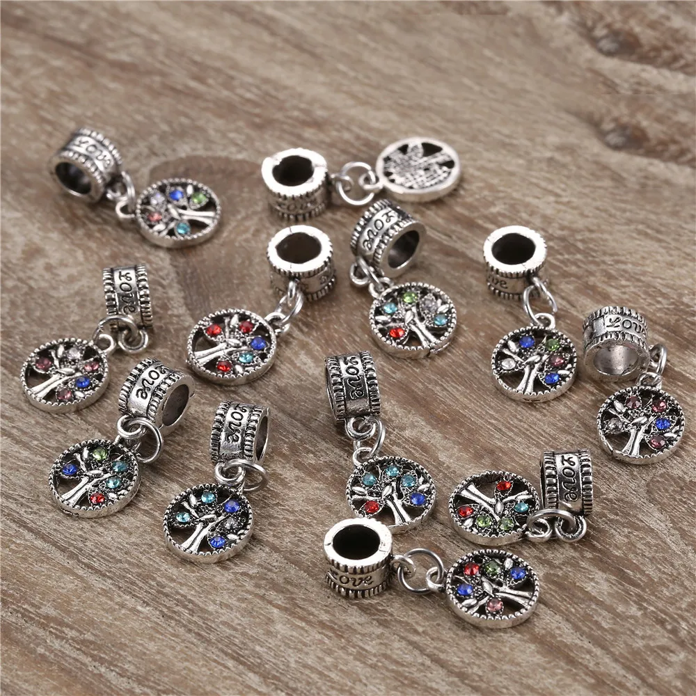 100 st parti 10mm silverlegering pärlor trädform pärla kristall hänge för diy stora hål metall charm pärlor passar för armband som gör del257u