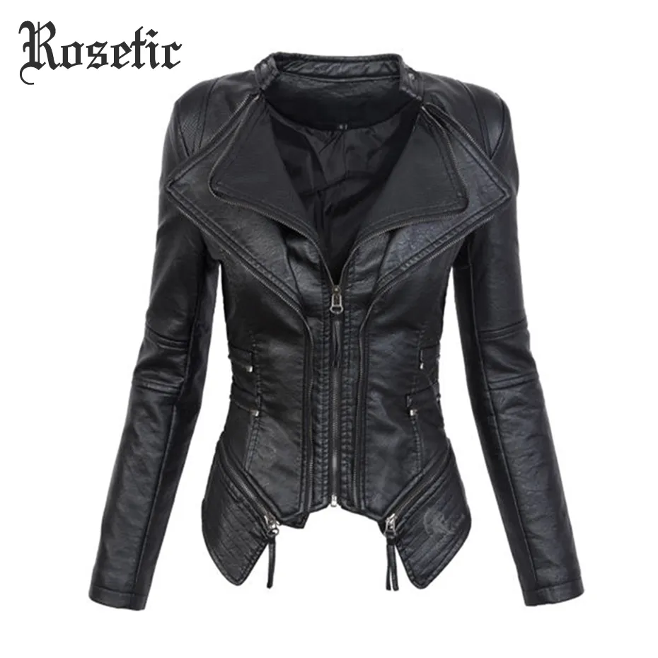 Rosetic Gothic Jaqueta Feminina de Couro Jaqueta Preta Casaco Feminino Outono Faux Jaqueta De Couro Macio Moda Feminina Zíper Motocicleta PU L18100904