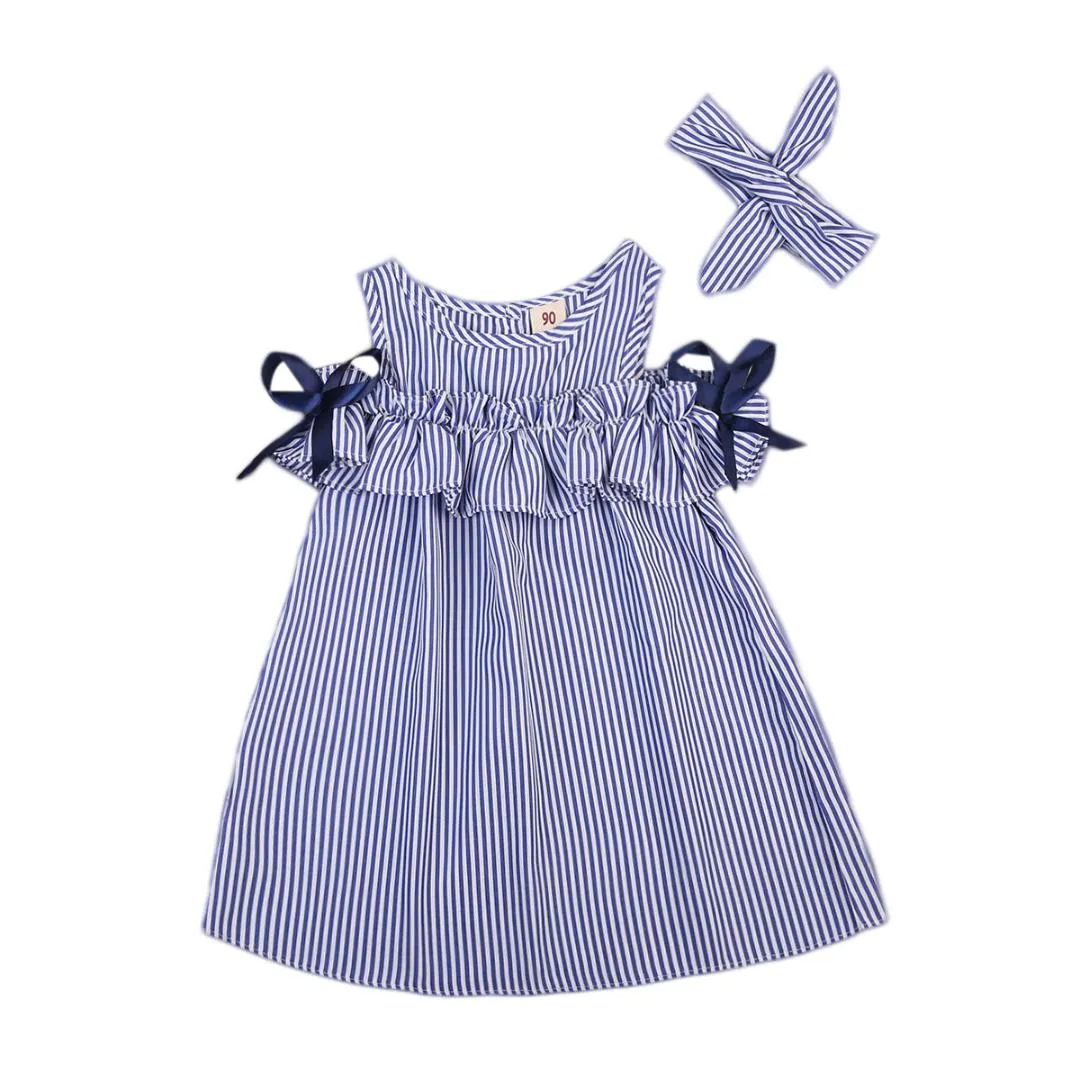 2018 nya heta sommar toddler barn baby tjejer härliga kläder blå randig off-shoulder ruffles party kappa formella klänningar