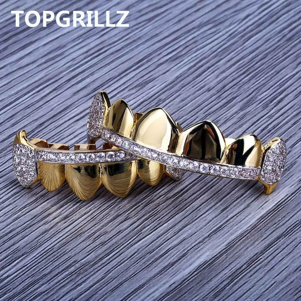 TOPGRILLZ Gold Hip Hop Teeth Grillz Micro Pave Cubic Zircon TopBottom Vampire Fangs Teeth Grills Set Holleween Gift Idea3551615