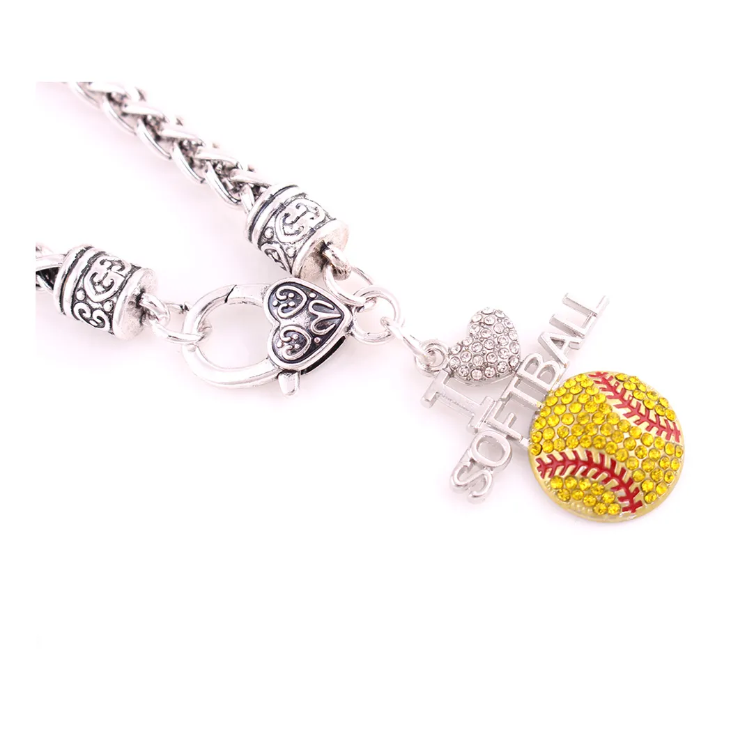 Bijoux de sport préférés des Fans, goutte 1 2 1 3 pouces, cristal I Love Softball, pendentif 2D, chaîne de blé, griffe de homard 266B