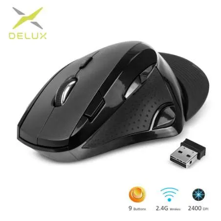 Delux M910GB 2.4GB 무선 마우스 10m 유효 거리 인체 공학적 수직 컴퓨터 마우스 9 버튼 PC 노트북 용 2400 DPI 마우스