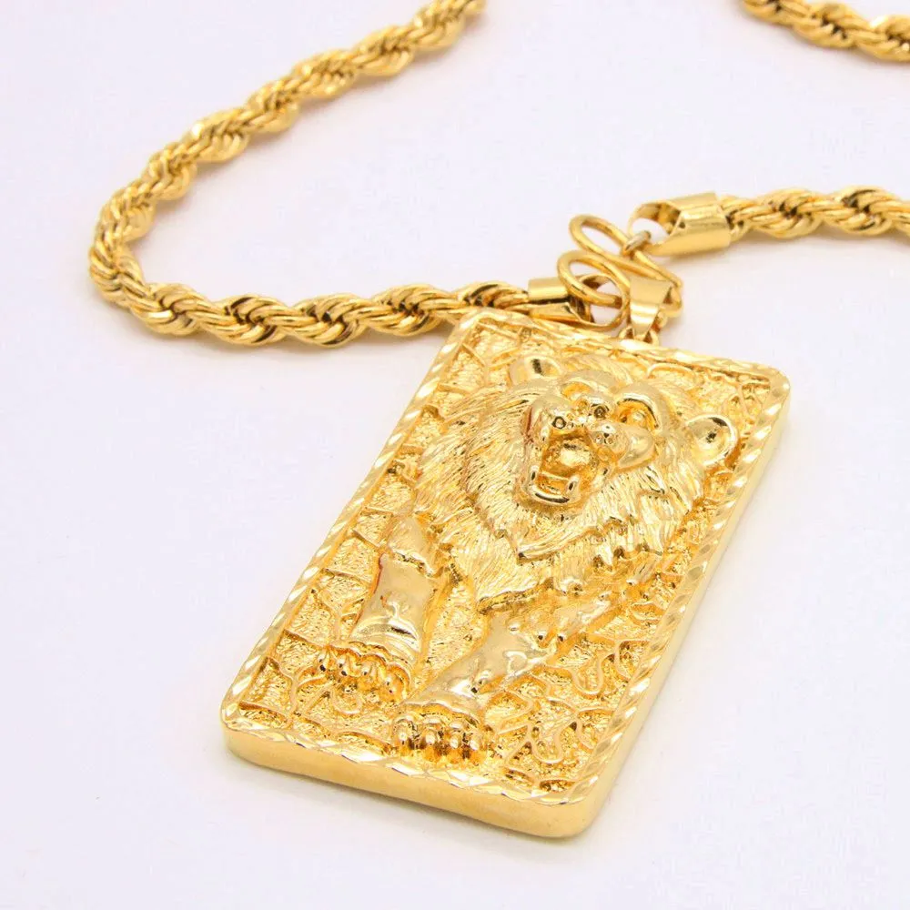 Big Lion Pattern Pingente Chain Chain Colar 18K Yellow Gold cheio de joalheria sólida masculina Hip Hop Style215G9266336