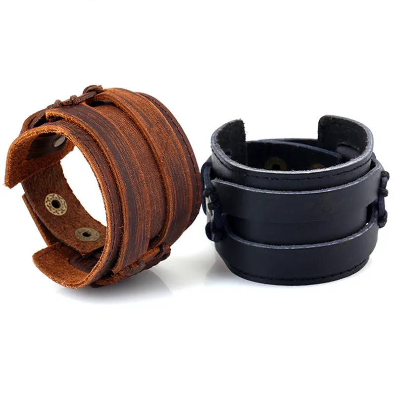 Matching Snaps Leather Cuff Bracelet Blanks Black Brown Punk Thick Wide Strap Wristband for Mens & Womens Adjustable Jewelry Gifts Wholesale