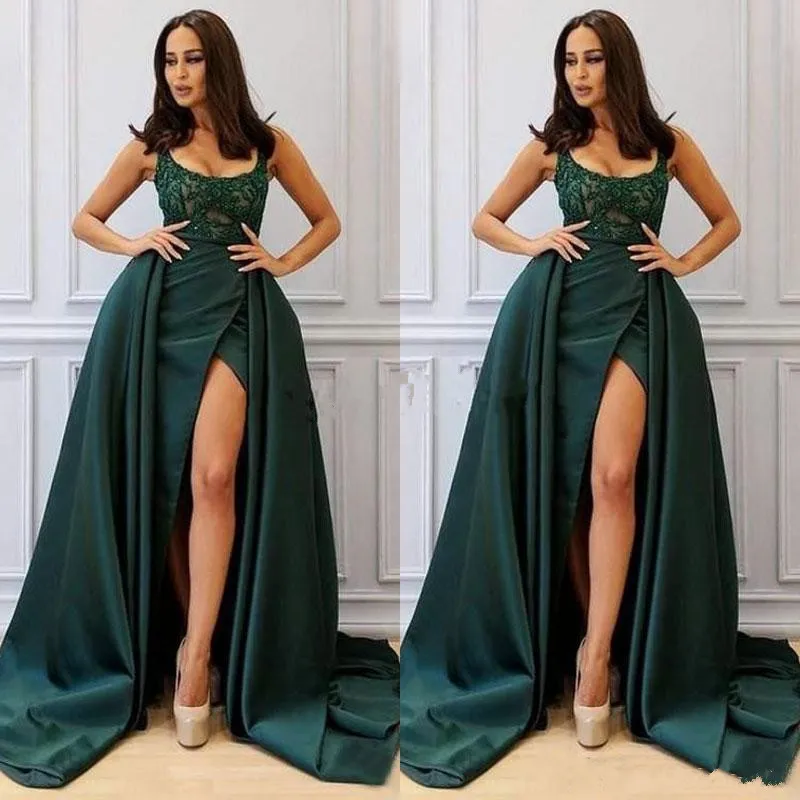 Unique Halter Green Satin Sequin Slit Mermaid Evening Dress Long Prom Gown