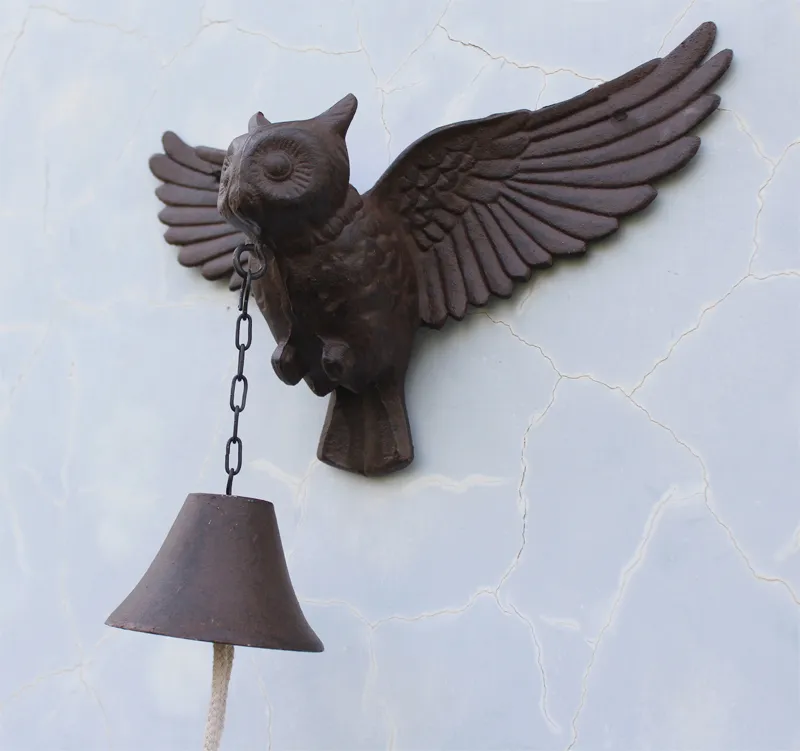 Large Cast Iron Owl Bell Home Decor Patio Garden Door Porch Cabin Lodge Welcome Dinnerbell Big Metal Animal Decoration Country Brown Wall Mount Antique