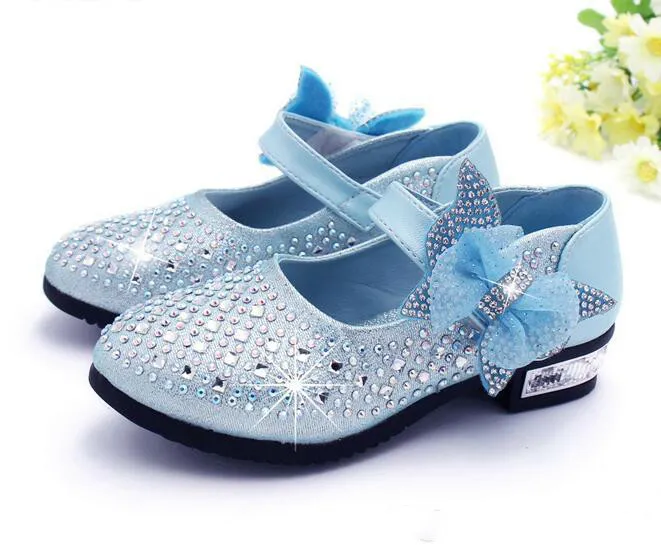 Fashion Girls Shoes Rhinestone Glitter Leather Shoes For Girls Spring Children Princess Shoes Pink Silver Golden