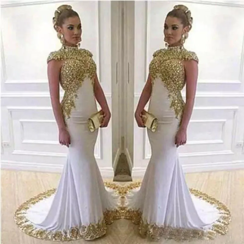 Saudi Arabia Mermaid Evening Dresses Lace Women Wear Shiny High Neck Cap Sleeve Long White Dubai Formal Prom Gowns