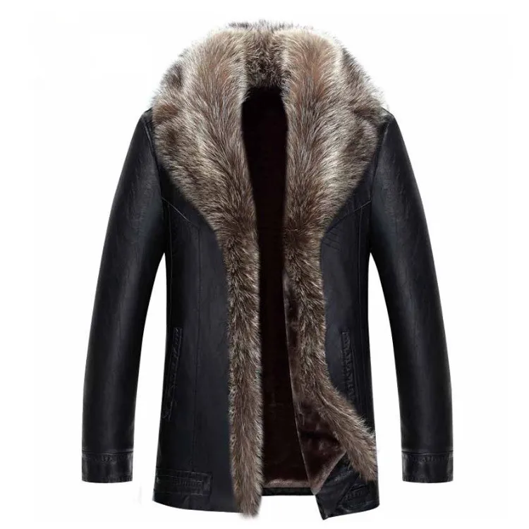 Fur Coat Men Black Leather Jacket For Men Winter Coat Leather Jacket Real Raccoon Fur Collar Warm Thickening Tops Plus Size 4xl 5xl 2023