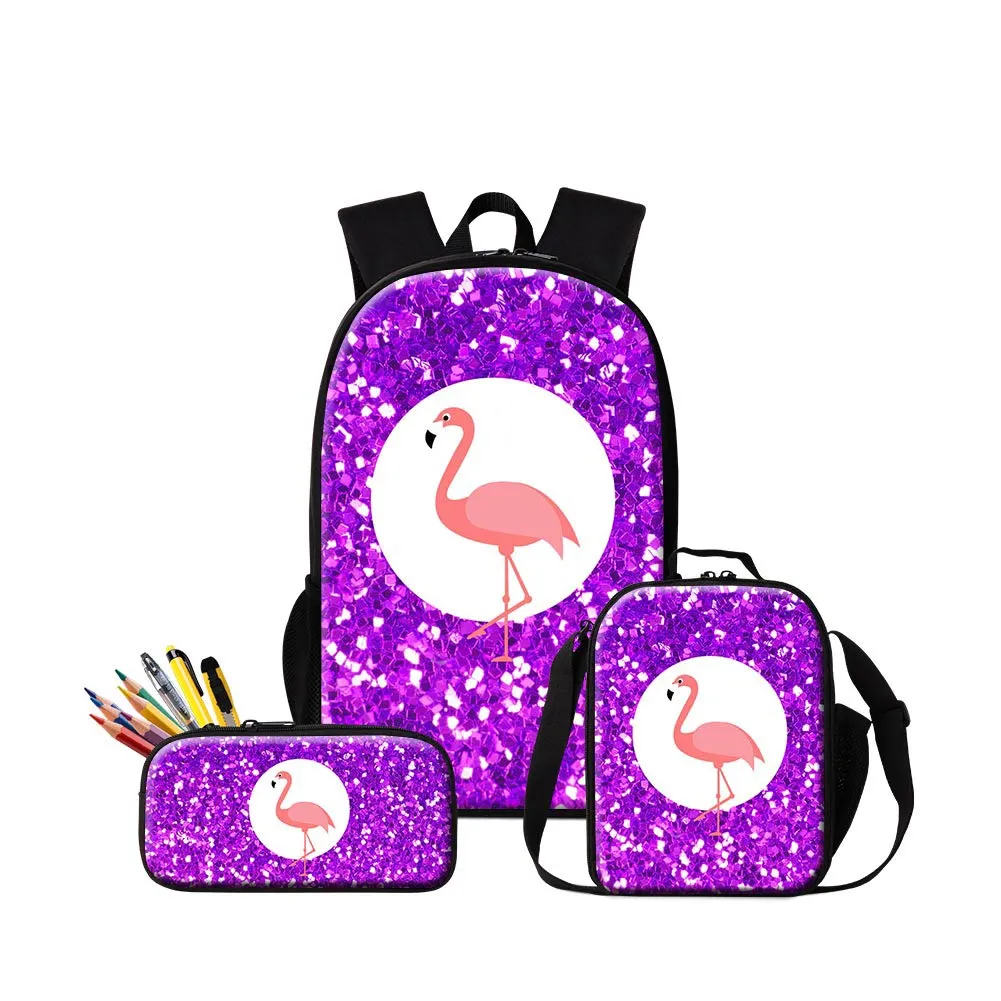 Torby szkolne ołówkowe pudełko Lunch Box Dzieci 3 szt. Ustawione do szkoły Spersonalizowany design Flamingo Plecak na Primary Kids Bookbag Kobiety Plecak