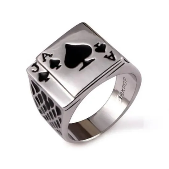 Punk Rock Enamel Black Oil Poker Card Spades En Män Finger Ring Alloy Gothic Skull Hand Claw Ringar Spela Kort Smycken