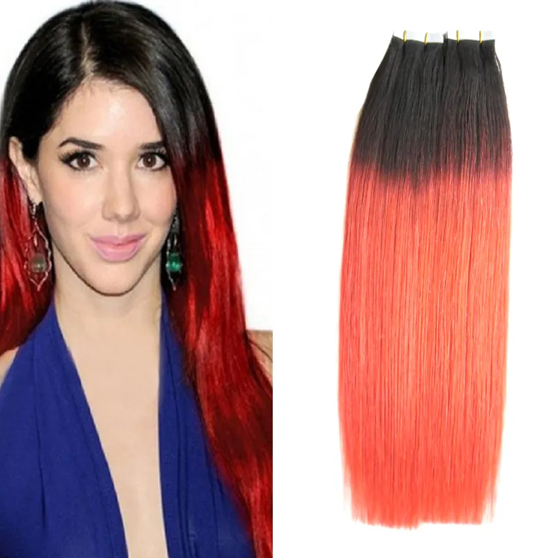 T1B / Red Ombre Extensiones de cabello con cinta de cabello humano 100g Extensiones de cabello con cinta de trama de piel 40pcs 18 "20" 22 "24" 26 "Extensiones de cinta humana