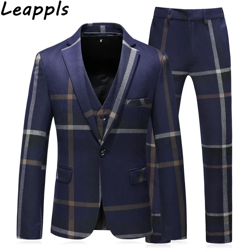 Leappls Jacket Vest Pants 2018 High quality Men Suits Fashion grid stripe Mens Slim Fit business wedding Suit men Wedding suit