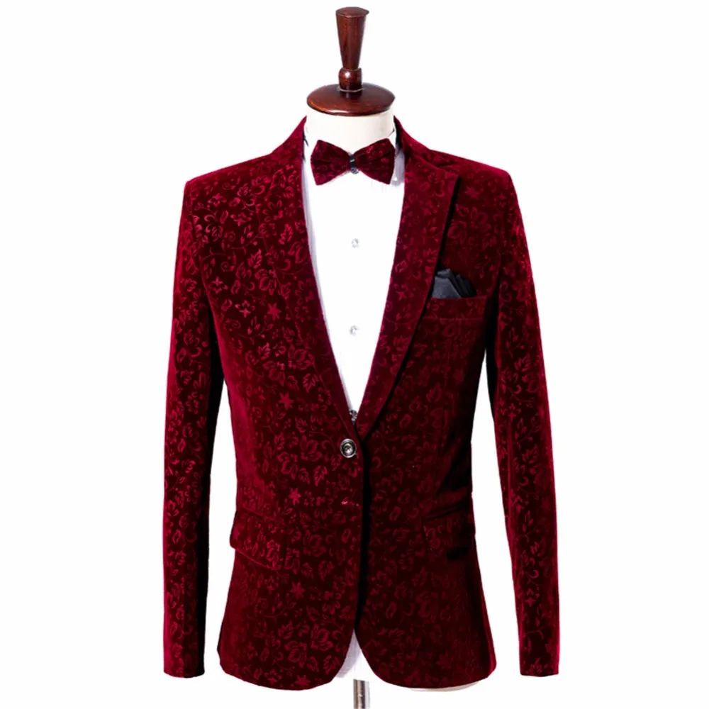 Hombres Vino Chaqueta Blazer de Terciopelo Rojo Traje Chaqueta Burdeos Traje Homme Hombres Blazer de Terciopelo Homme Hombres Desgaste de la etapa floral