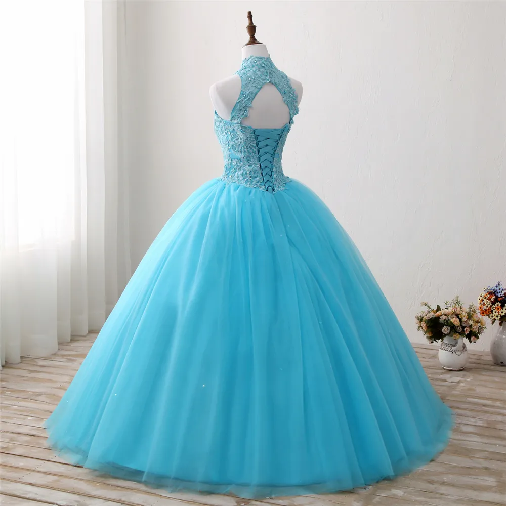 2021 진짜 사진 Quinceanera 드레스 섹시한 백리스 크리스탈 볼 가운과 아플리케와 달콤한 16 Vestido 데뷔 가운 BQ120