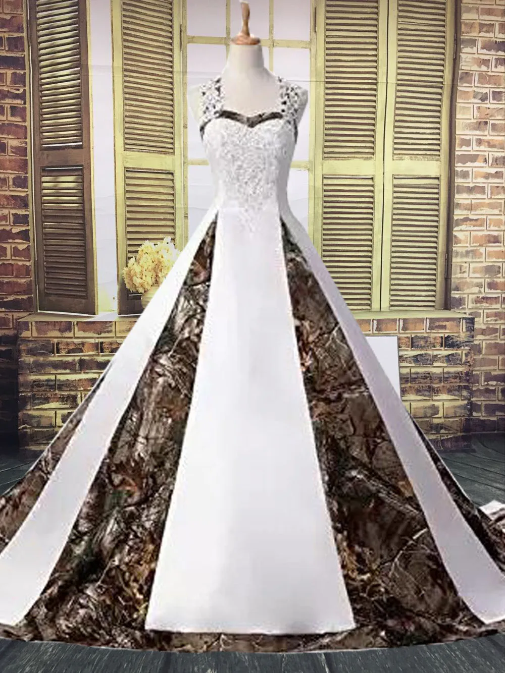 Kamuflaj Gelinlik Nakış Saten Criss Çapraz Uzun Sweep Tren Örgün Gelin Modelleri Dantel Yukarı Plus Size Düğün Party Dress yazdır
