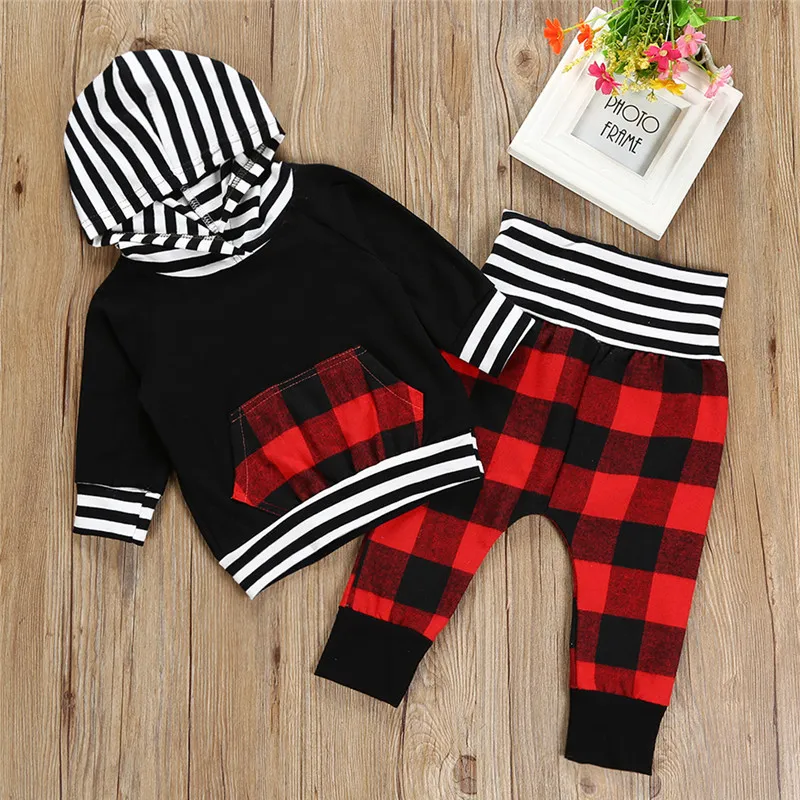 2018 våren höst toddler pojke kläder tjejer kläder uppsättning randig plaid pocket hoodie toppar + byxor pojkar outfits set barn barn kläder