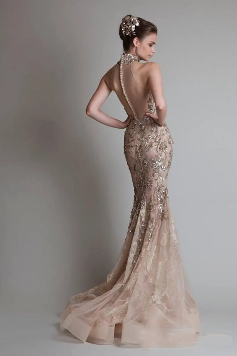 Couper haut et applications argentées luxueuses sexy Voir à travers le bouton d'organza Back Mermaid Trumpet Elie Saab Evenol Prom Dresshe4371986