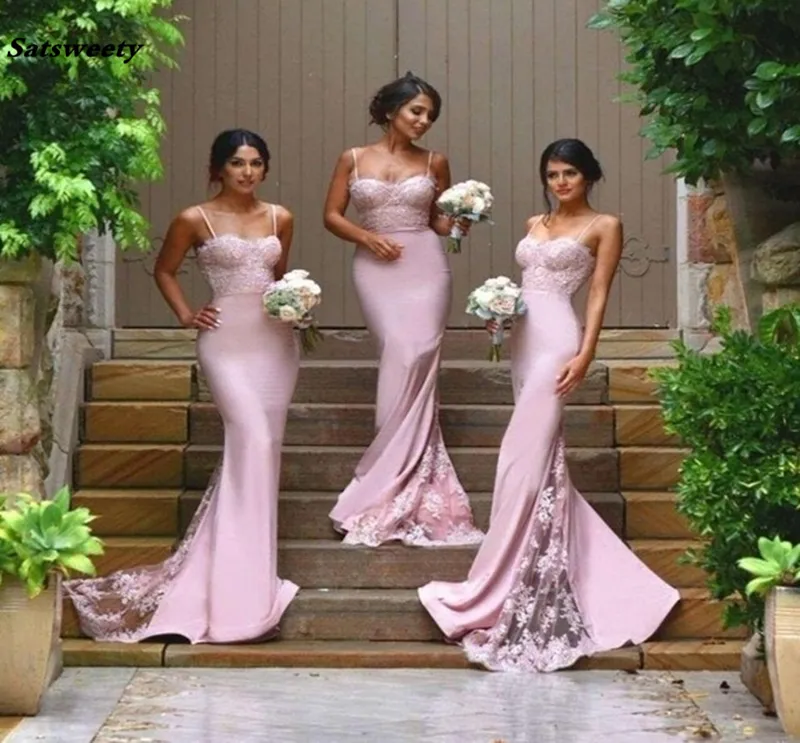 2023 Sexy Bridesmaid Dresses Spaghetti Strap Vestido De Festa De Casamento Sheer Lace Applique Blush Peach Long Bridesmaid Dresses