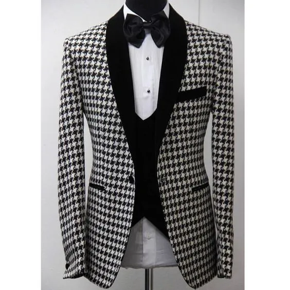 3 peças venda imperdível masculino noivo roupa formal blazer Houndstooth jantar festa baile de formatura ternos padrinhos noivo smoking masculino ternos de casamento noivo