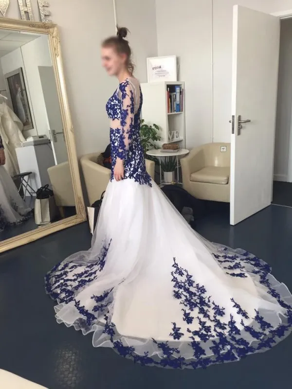 Mermaid Wedding Gown with Court Train and Illusion Long Lace Sleeves in Royal Blue from Dhgate Mermaid Wedding Dresses - price 185.93 Mermaid Wedding Gown with Court Train and Illusion Long Lace Sleeves in Royal Blue from Dhgate Mermaid Wedding Dresses - price 185.93