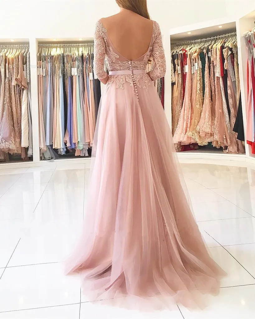 knee length dresses for ladies Lace Long Sleeve Pink Prom Dresses V Neck Tulle Appliqued Beaded Evening Ball Gowns ARD1042
