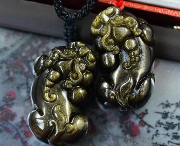 무료 배송 - 천연 금 yiu 석재, 수공예품과 섬세하게 조각 된 pixiu 연인의 스타일, 부적 목걸이 펜던트