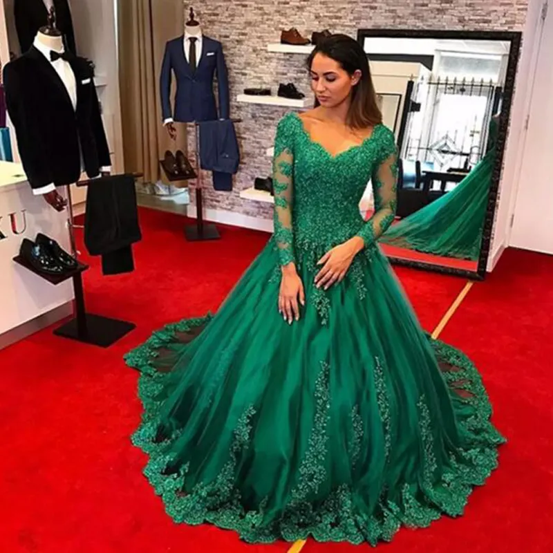 Szaty De Soirée Eleganckie Szmaragdowe Green Suknie Wieczorowe 2019 Z Długim Rękawem Suknia Balowa Koronka Aplikacja Zroszony Plus Size Prom Suknia Suknia Suknia