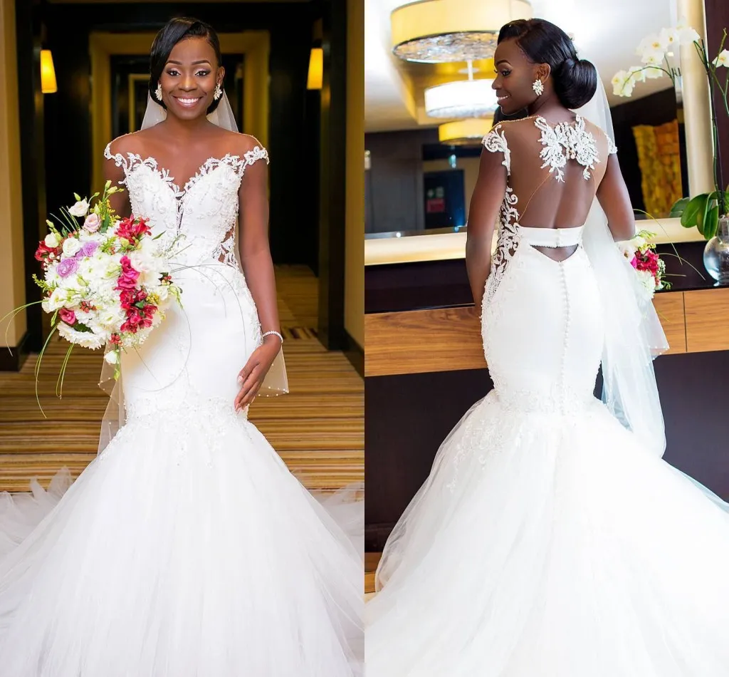 Nigerain New African Lace Mermaid Dresses Sheer Neck Backless Court Train Wedding Dress Bridal Gowns Robe De Marie En Dentell ntell