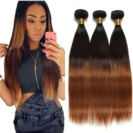 #1B/4/30 Black Brown and Medium Auburn Ombre Virgin Peruvian Human Hair Bundles Straight 3Tone Ombre Human Hair Weaves Extensions 10-30"