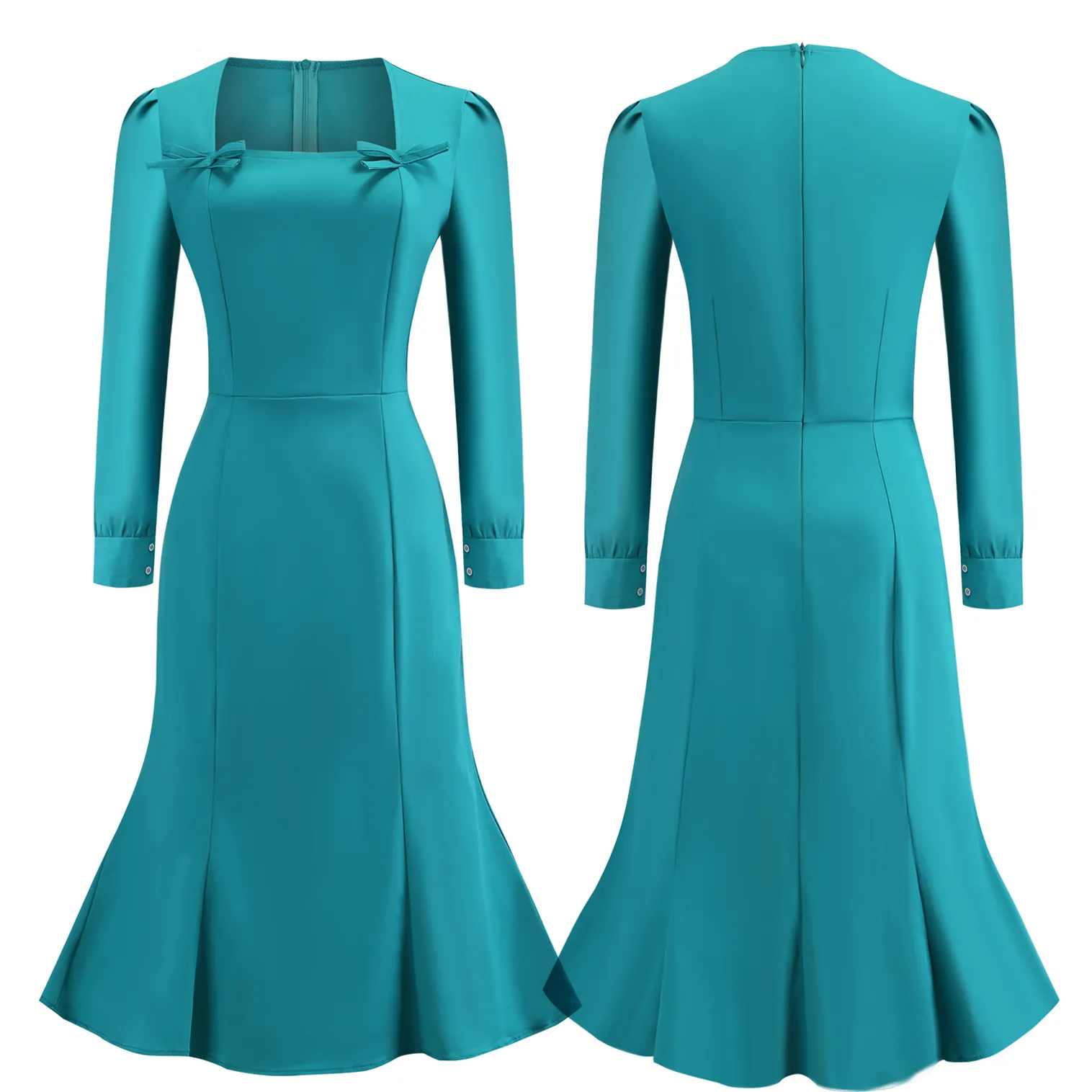 2018 Teal Long Sleeves Work Dresses Square Neck Solid Color with Bow Cotton Women Mermaid Vintage Pencil Dress FS6141